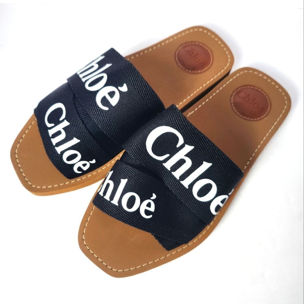 Chloe Woody Flat Logo Ribbon Black Slide Sandals Size 37 New - Picture 5 of 9